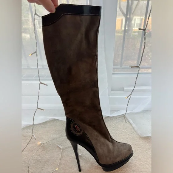 Italian Designer Suede Brown Green Khaki Knee High Fur Boots Platform High Heels - Picture 14 of 14